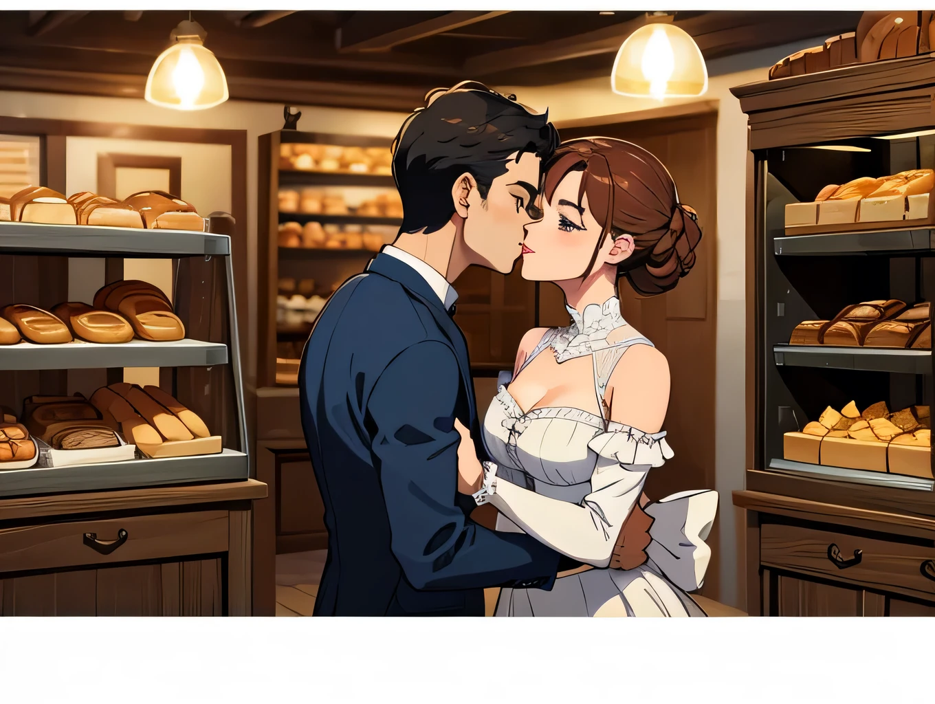 a cartoonish illustration of a lady and man standing in between a few tables filled with food, 1girl, 1boy, table, breasts, closed eyes, brown hair, indoors, kitchen, open mouth, hair bun, cleavage, smile
