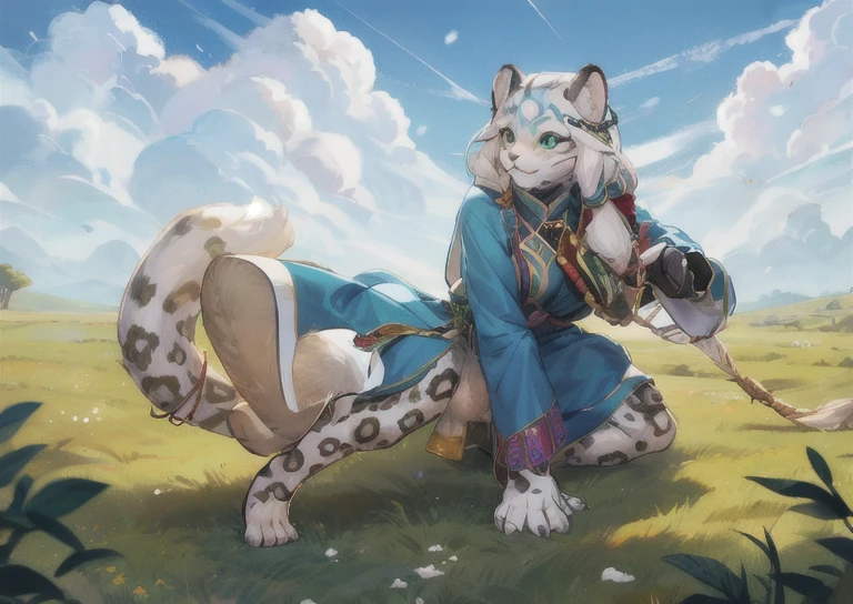 High resolution, top quality, best quality, Paid rewards available,, illustration, hairy, mammal,snow leopard anthropomorphic，female，whole body，Tibetan style，Tibetan jewelry，dark blue clothing，，清澈的Sky空, movie lighting, Sky, sunny Sky,，grassland， horizon background,(Snow leopard fur:1.1,hairy質感:1.2), (Natural background:1.1,高地grassland:0.9), (Soft natural light:1.1), (Detailed facial features:1.1,expressive eyes:1.2), (calm and serene expression:1.1), (Flowing and layered clothing:1.1), (Gorgeous and intricate accessories:1.1), Fine hairs, exquisite eyes, anime style illustration, whole body 雪豹, Animal ears, Tail, Body hair, 1 名female孩, whole body, 1 名female孩, alone, long hair, white hair, *//*, Green eyes, *//*, Dark blue Tibetan clothing，tibetan decoration，Determined eyes，hunter，Smile,