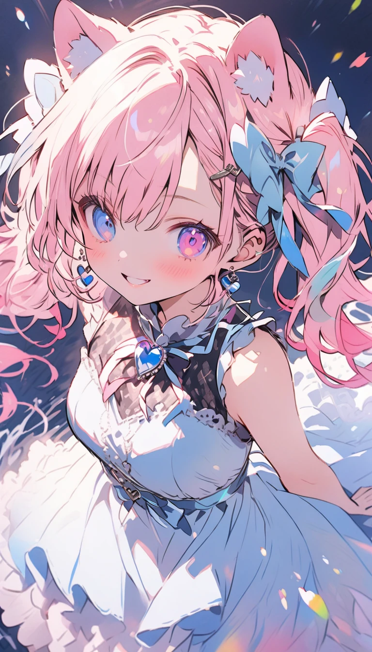 "Masterpiece, highest quality, 16K resolution, watercolor style. A full-body illustration of a cute  with cat ears. She has long wavy pink hair styled in twin tails with side-up portions. Her eyes are heterochromatic, with one eye shaped like a heart, the other like a diamond, both with a colorful, iridescent effect. She is wearing a sleeveless outfit and is striking a pose with one arm raised, exposing her side, with a cheerful and cute expression.arms up behind back,
