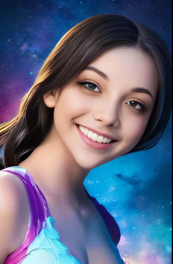 High detail, super detail, super high resolution, girl enjoying her time in the dream galaxy, surrounded by stars, warm light sprinkled on her, background is starry sky with colorful galaxies and galaxy clouds, stars flying around her, delicate face, adding playful atmosphere