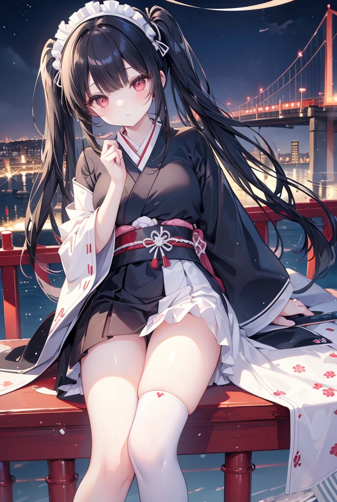 (Masterpiece)、Highest quality、Highest quality、High resolution、A beautiful girl with black hair in twin tails and bangs、Red Eyes、Cute eyes、Eyes with delicate irises、Bright highlights on eyes、White knee-high socks、Embarrassed expression、Holding a Japanese sword、Suspension bridge at night、City night view
