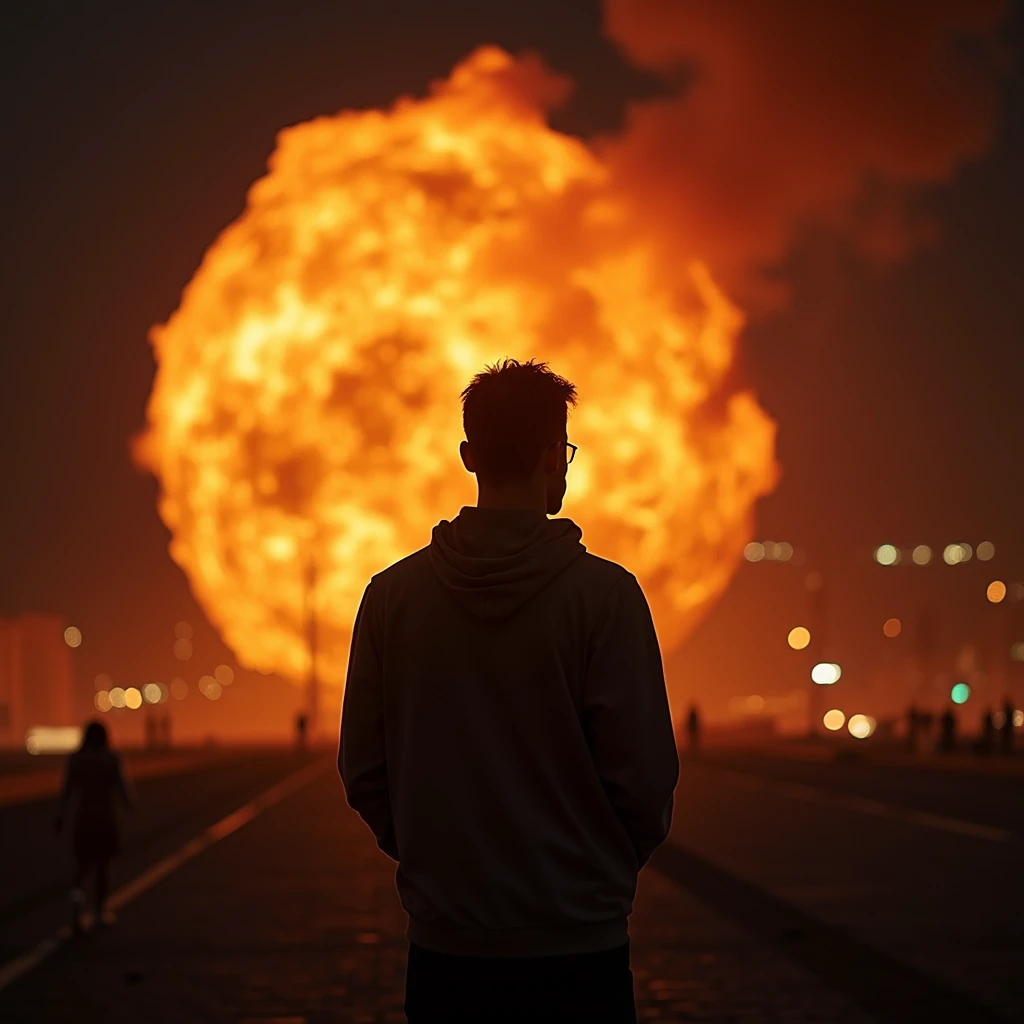 Young man in front of an explosion Ultra HD 8K Aesthetic Fire taken by 50mm lens wearing Puffer Jacket Trap Music album cover --auto
