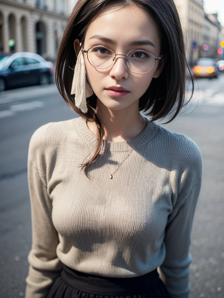 score_9, score_8_up, score_7_up, score_6_up, source_real, raw, photo, realistic, photograph, solo, pale skin, asian girl, blonde hair, small breasts, slim body, wavy hair, blue eyes, exposed breasts, glasses, white pearl necklace, white collared shirt, unbuttoned shirt, blue leather jacket, blue skirt, black leather thigh boots, black leather gloves, expressionless, standing still, detailed face
