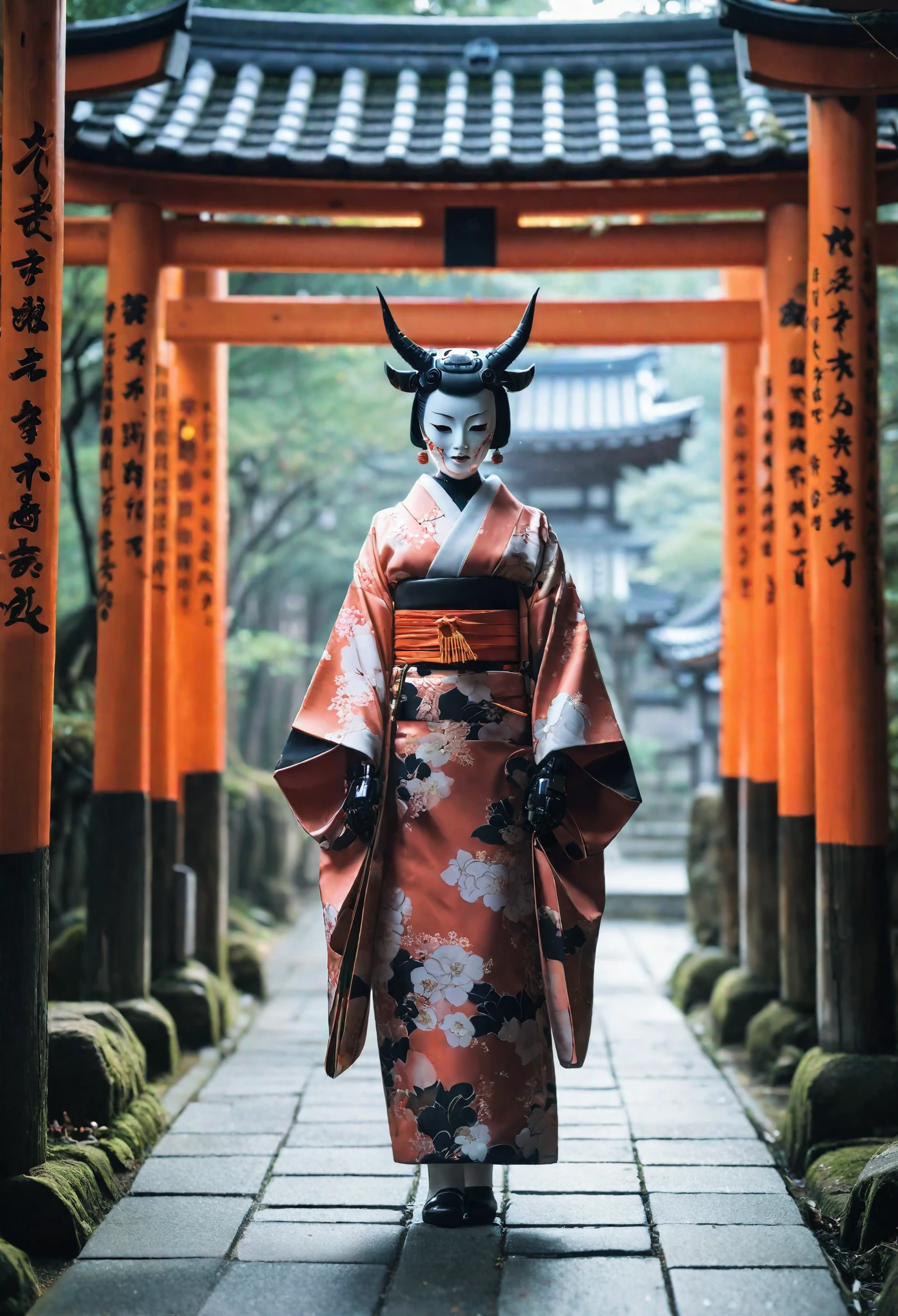 The image shows a female android with demon horns dressed in a beautiful kimono strolling through a Kyoto shrine。The style is also terrible.、人間とrobotの融合は美しさの中に神秘的でSpooky atmosphereがある。Torii gate in the background、There is a shrine in Kyoto。機械でできたLong neckを持ち、Wearing a mask。Imagine a strange and creepy picture - Al 9:16。 Spooky atmosphere、Fusion、Horror、Japanese cityscape、Long neck、robot、at 6