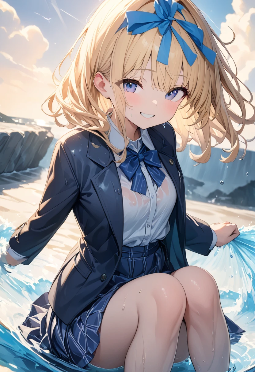 (8k, Highest quality, masterpiece: 1.2),Ultra-high resolution, 1 person, cute, solo,Highly detailed face, Blonde, blazer, blouse, ribbon, Check skirt, navy blue, Knee-length skirt, Ocean, Ocean水浴, Soaking wet, splash, Water Play, Soaked from head to toe, splash, Submersion, Childlike, The best smile, Date, Excited, Water droplets all over the body, 