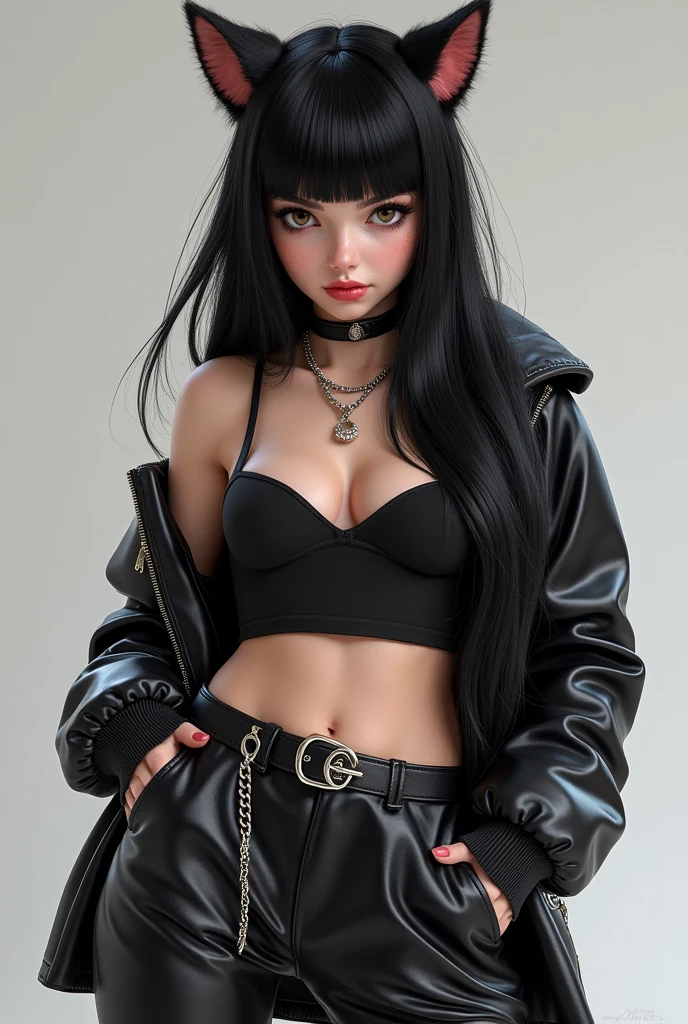 Ultra realistic, real girl, 16K, best quality, High resolution, hot atmosphere, dream atmosphere, 1 girl, tall, 18 years old, Long messy black hair, cute bangs over the forehead, evil eyes,  eyes look, skin being illuminated, realistic shading, pale-white skin, light-grey skin, Realistic textures, wearing alternative black outfit, earrings, fit slim tall body, big natural , realistic slim hot body, tall and hot girl, , sensual posture, big , thick legs, torn clothes, multiple  positions in different types of angles, blurred background, Depth, dream aesthetic, Atmosphere of dream, cinematic lighting. 