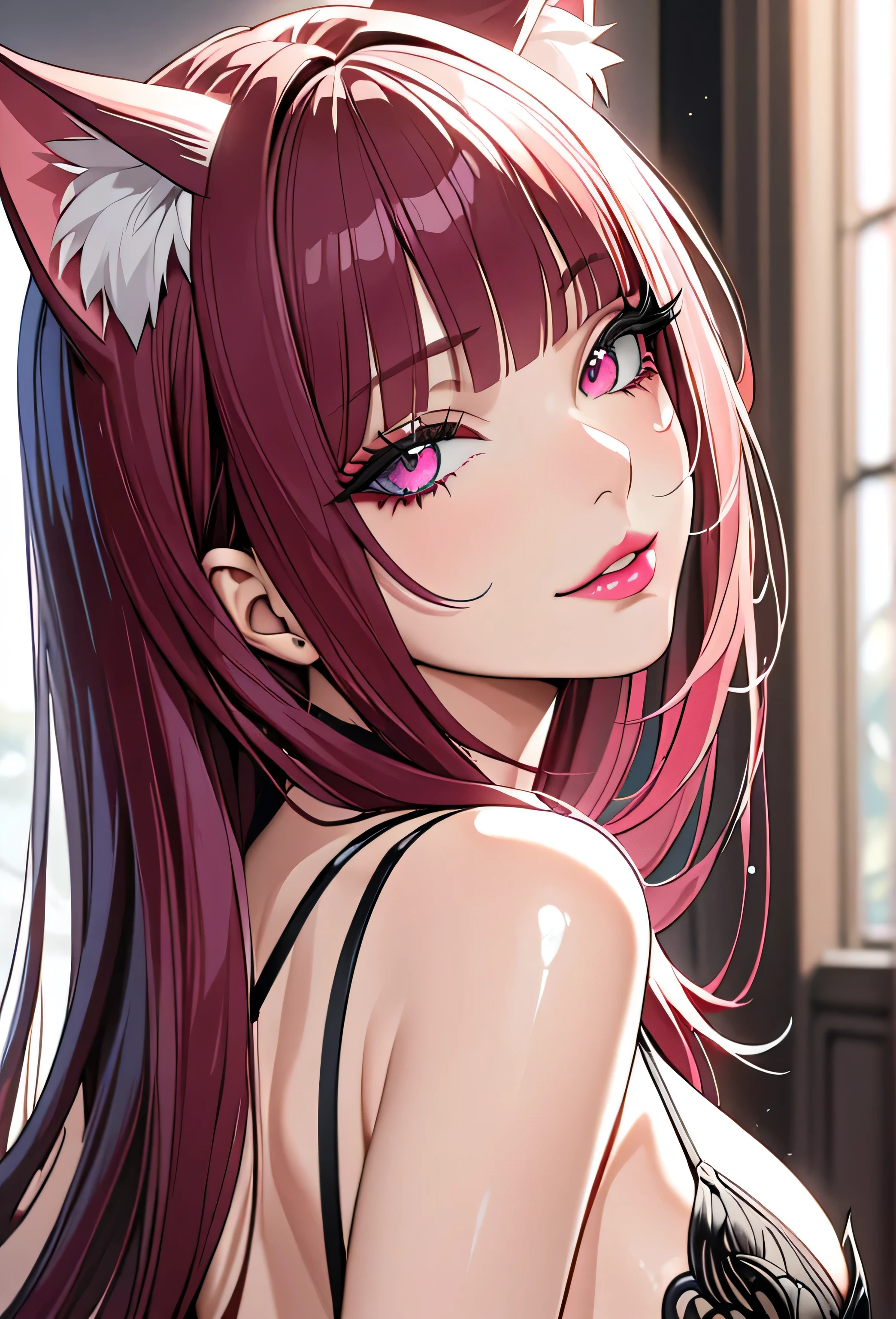 full body, bare feet, soles, perfect feet, foot focus, maroon red hair,(shiny lipstick) (pink eyes), long hair, detailed face, cat ears, medium breasts, long eyelashes, mature, (smirk, closed lips, big plump lips, eyeshadow) shiny skin, beautiful eyes,(detailed eyes, sharp eyes, clear pupils:0.8), blunt bangs, wispy bangs, naughty look, lingerie, dreamy