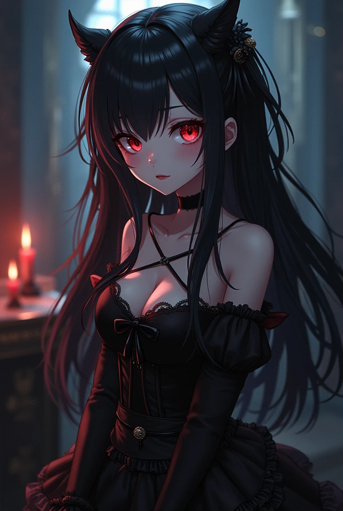 1 girl,Depp's Sense,confused,catch light,Super beautiful illustration,(black color,long hairstyles:1.6),turn around,dark dark eyeshadow,bright red lipstick,Gothic ta,Upper body,Bewitching,;d,beautiful and delicate flowing hair,delicate and detailed red eyes,big breasts