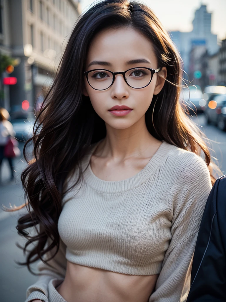 Photo of a beautiful woman standing on a street corner, (masterpiece:1.2, highest quality), (Realistic, photoRealistic:1.4), Beautiful illustrations, (Natural Side Lighting, Cinema Lighting), Written boundary depth, Beautiful thighs staring at the viewer, (((Face Focus, Upper Body))), 1 female, 30-year-old, alone, thin, slender, small breasts!!!, Loose curly hair, Bedhead, Forehead, thin, slender, (((glasses))), long sleeve T-shirt, Skinny skirt, Are standing, New York 25th Street, portrait