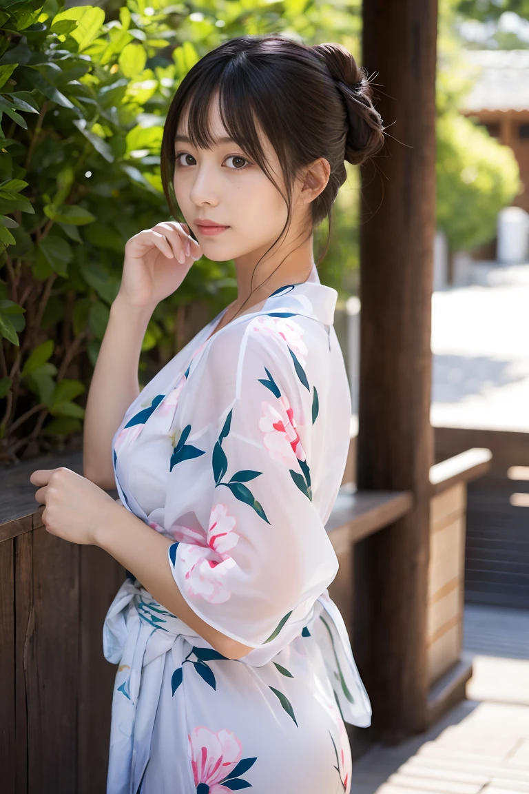 ((of the highest quality, 8K, masutepiece: 1.3, Raw photo)), Sharp Focus: 1.2, (1 AESPA Girl :1.1), Solo, (Realistic, Photorealistic: 1.37), (Face Focus: 1.1), Cute face, hyperdetailed face, Short messy hair, Small Smile, nude, Small breasts, flat chest, (wet chiffon yukata: 1.1), sitting, spread legs, Thigh, (wet japan style hotel, wet japan style bath room: 1.2), flower