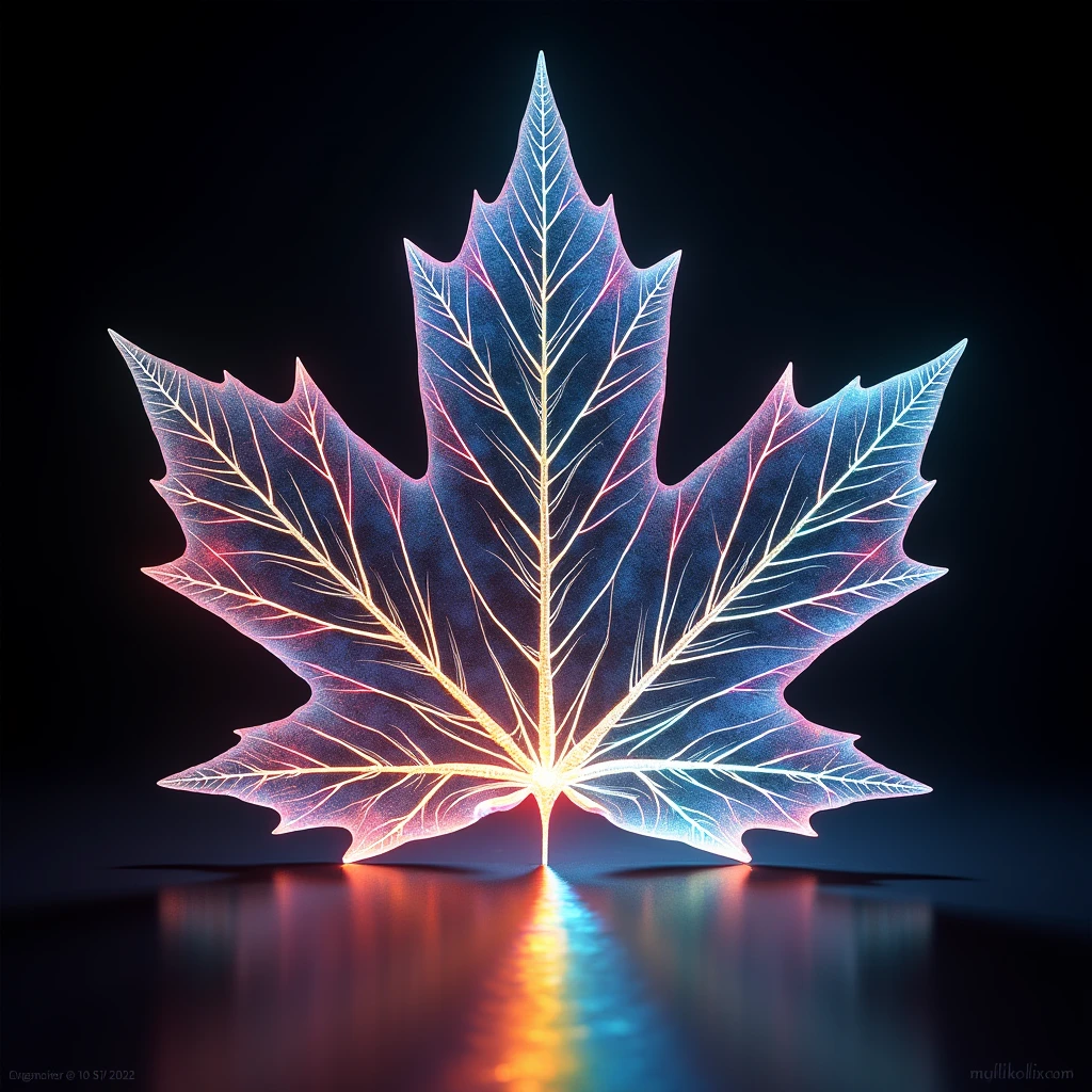 Abstract geometric art. An extreme close-up of a giant crystal maple leaf, backlit by a powerful light source. The intricate network of veins acts as a prism, casting mesmerizing colorful rainbow rays and colorful geometric shapes, shimmer. Abstract geometric art. Fantasy world background.