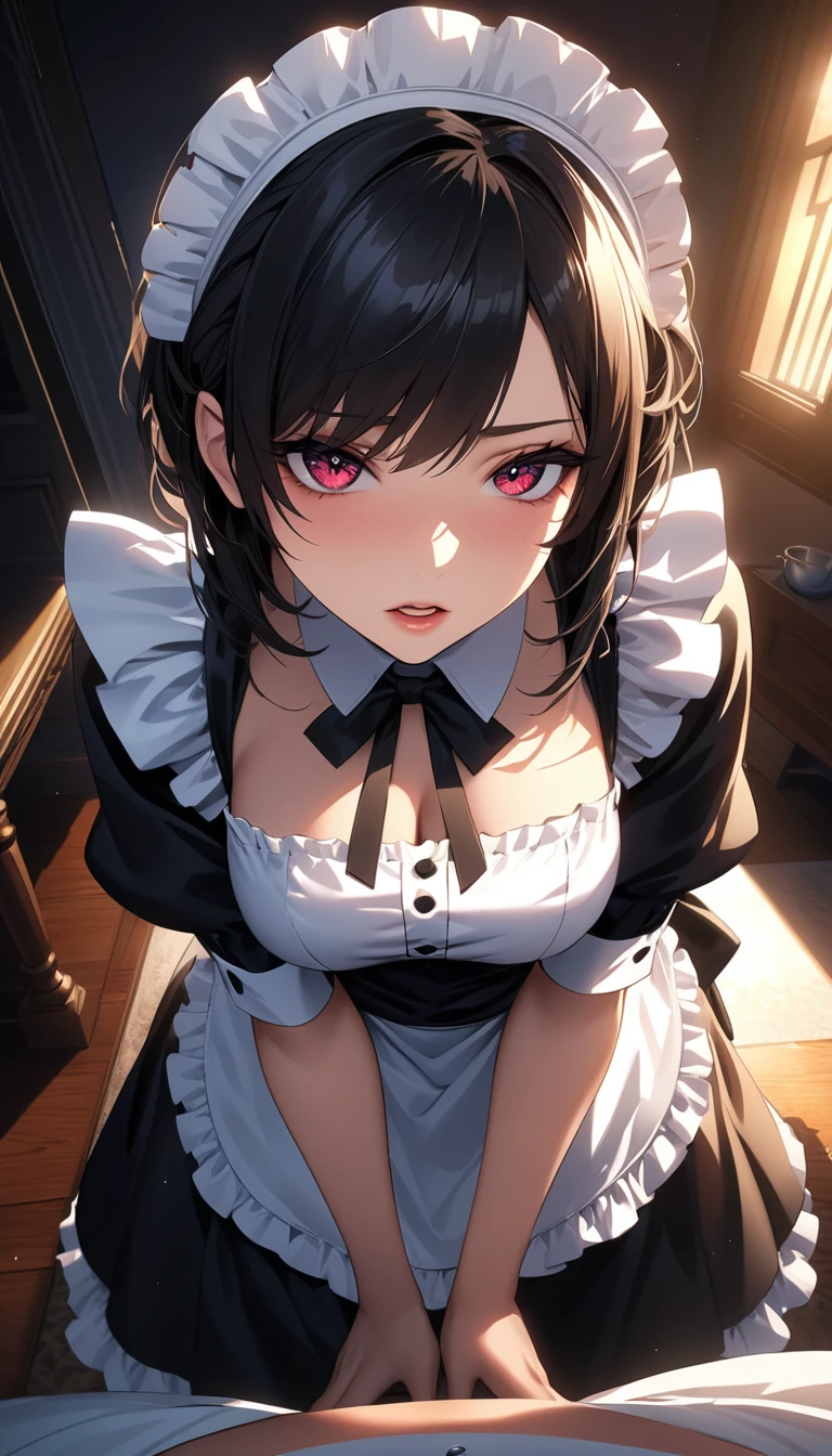 masutepiece, Best Quality, High resolution,
1girl in, Solo, maid, enmaided, maid apronl, Black hair, scarlet eyes, cleavage, From below, face to the viewer, Face to face, Sneaking into the eyes, Full body, cleavage, medium breasts, Portrait, Vomiting eyes, hanging breasted、