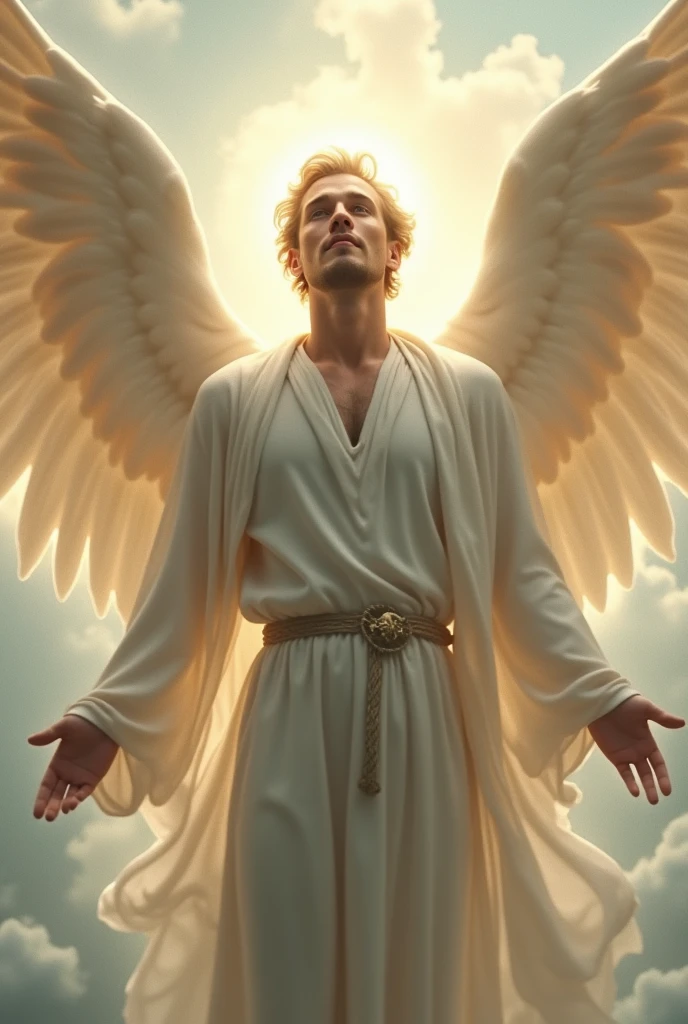 A male angel standing on the ground behind dejected people on their knees. They are sad.