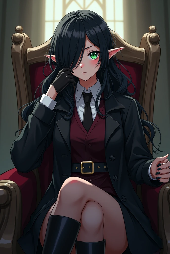 A female elf anime character sitting on a throne with her face resting on one hand with a serious and penetrating look. Young and serene in appearance with long, below-the-shoulder length, wavy, dark black hair, with an asymmetrical hairstyle that partially covers one side of her face, her right eye is covered by her hair. His eyes are an intense green color. He wears black clothing including a long, dark trench coat with long sleeves and wine red suit pants. The trench coat has a belt tied at the waist, which fastens at the front. He has a white button-down shirt and a small closed wine red vest. He wears gloves, knee-high boots and a tie, all three black. The posture and facial expression suggest that she is ready for a battle or quick action. She is tall and serious. That represents light and darkness.