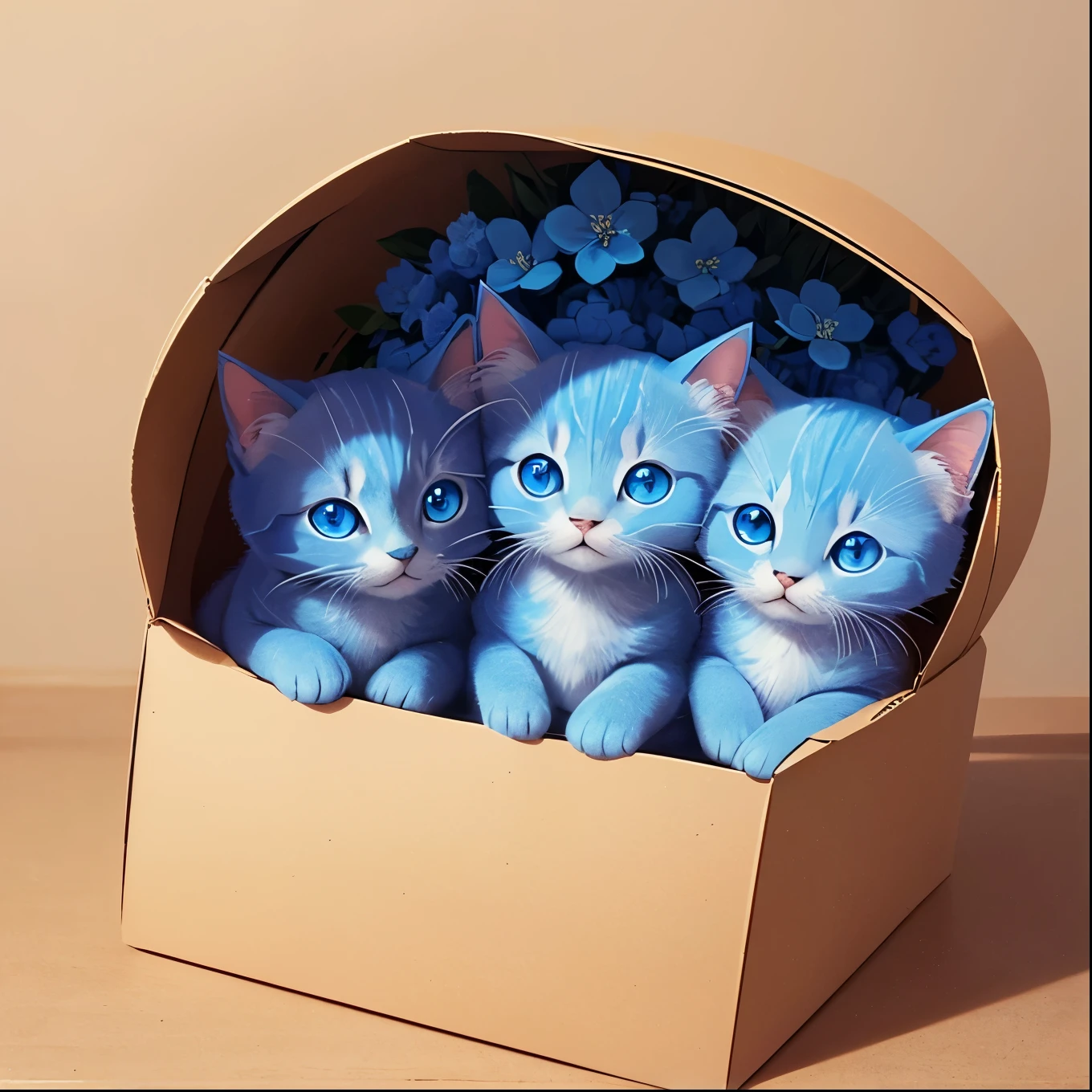 Illustration of adorable blue cat、Movmov、Front facing、multiple cute kitten、Packed、packed tightly in a furr box, flower behind.