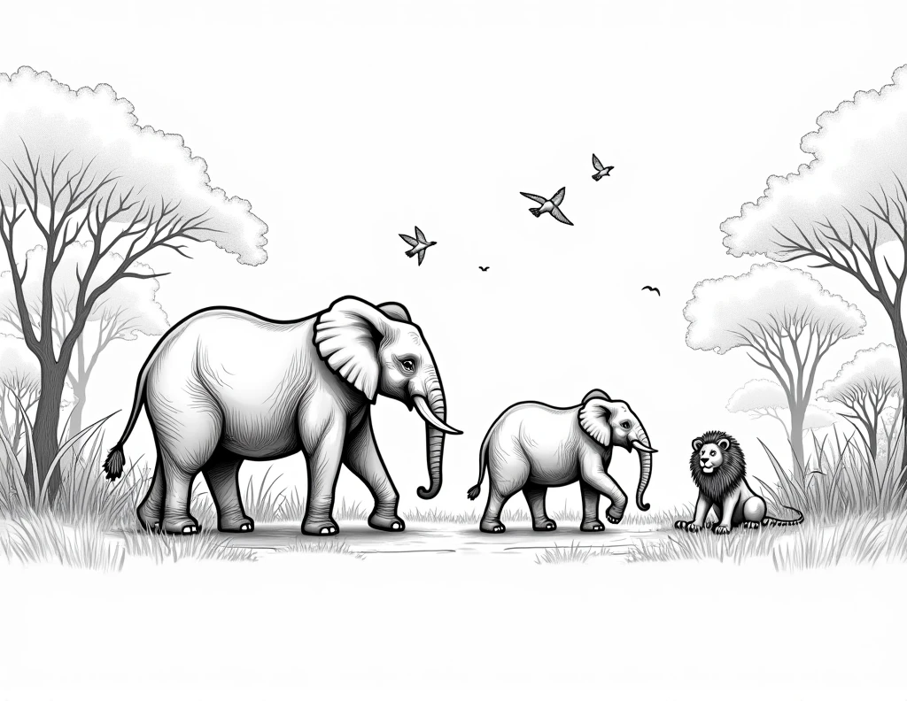 Coloring page for kids, elephant with 2 baby elephants in the grassy highlands of Africa with many bushes, cartoon style, linhas grossas