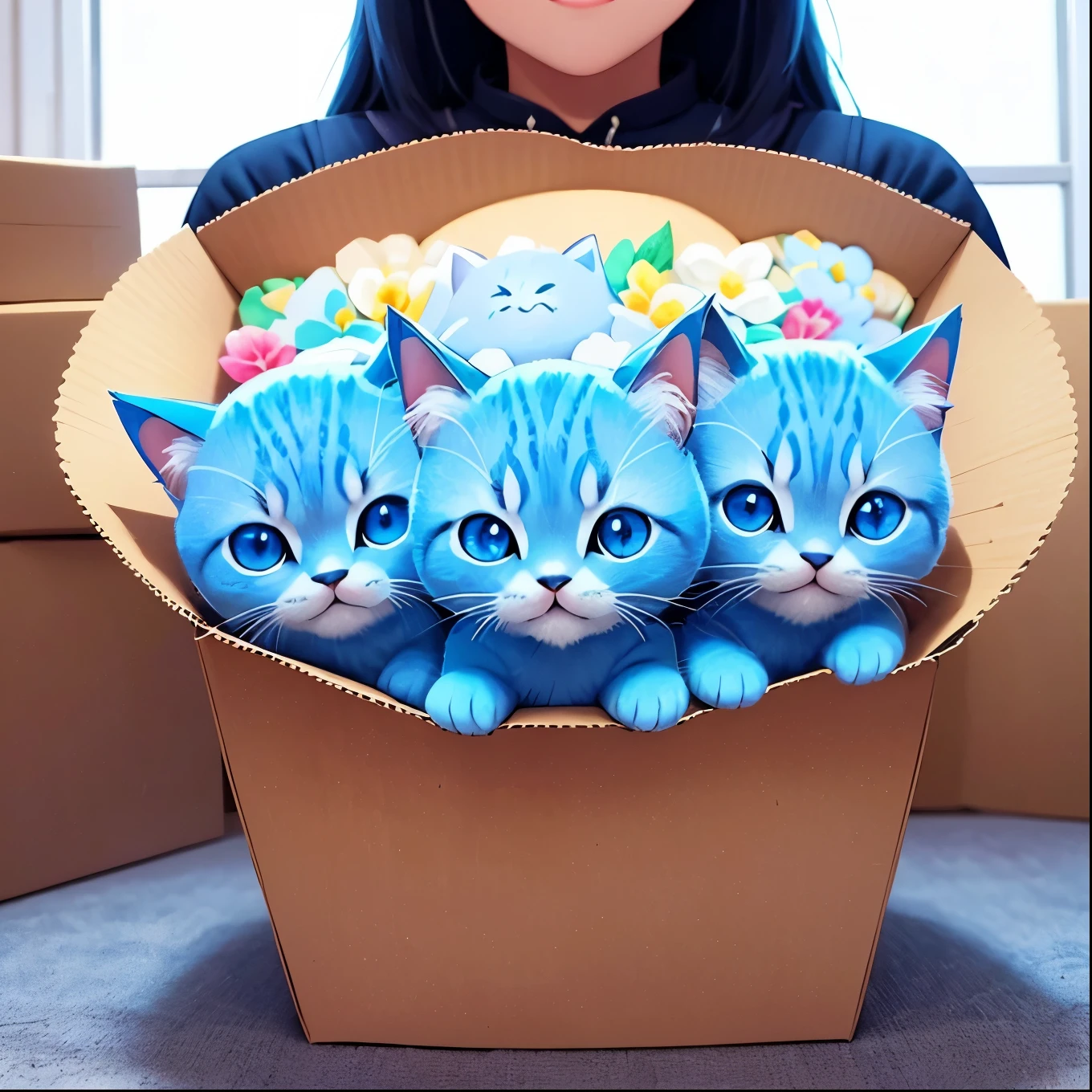 Illustration of adorable blue cat、Movmov、Front facing、multiple cute kitten、Packed、packed tightly in a furr box, flower behind.