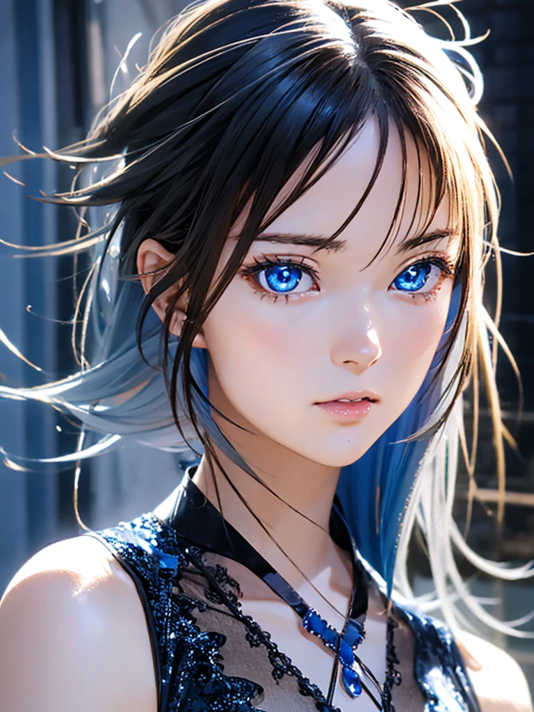 High resolution, 8k, Highest quality, detailed, Semi-realistic anime, Anime 3D Style, Smooth anime CG, One Girl, A 20-year-old Japanese woman, slim, Modeled, Shiny brown hair, detailedな顔, Beautiful and detailed, Glowing Skin, Hard Focus、Film Grain, Soft lighting, beautiful girl, Gray Hair, blue eyes,blue eyes,Black dress with white lace, big 、At close range、Blue Earrings、blue necklace