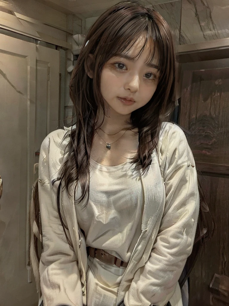 One person, chest, 大きなchest, , HoodieAdidasLong Hair, Brown Hair, belt、Earrings, necklace1人の女の子, 