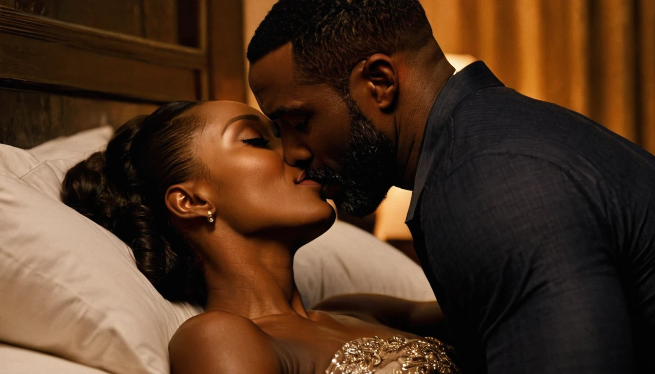 Nigella Lawson and a handsome African American male whose facial features are a combo of Blair Underwood + Idris Elba + Taye Diggs share a steamy kiss inside a bedroom lit only by candlelight. Nigella has lovely makeup on her face. Nighttime. Romantic ambiance. Symmetrical eyes. Symmetrical faces. Lovely details. Photorealistic. Full-colored photo. Professional photo. Highly detailed 8K.