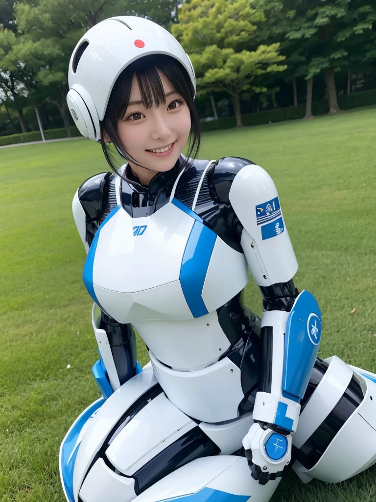 Japanese female android,Black Hair,White and blue robot suit,Plump,Posing on a tropical street in midsummer,Hair is wet from sweat,smile,