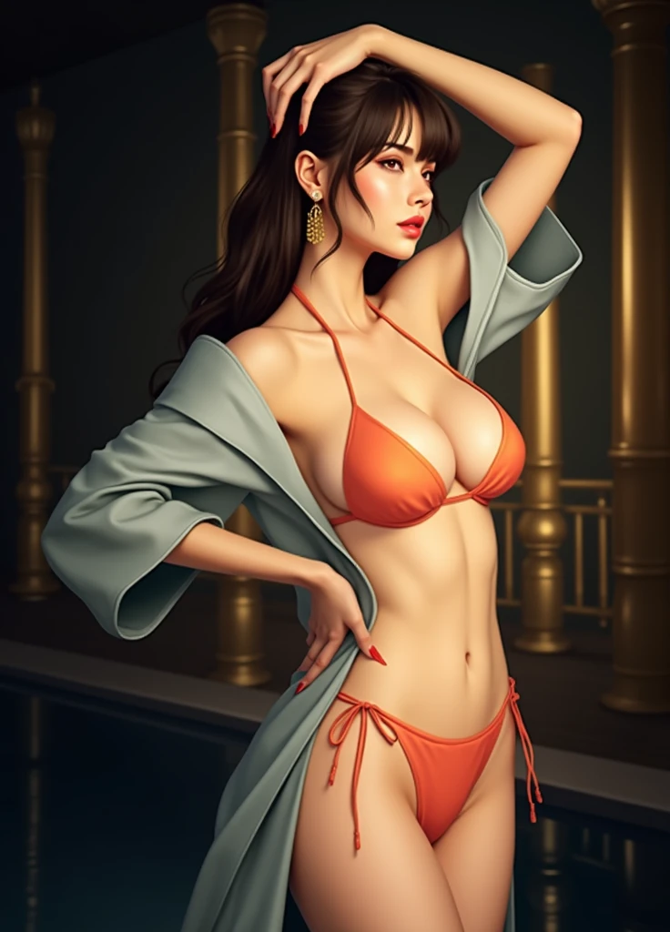 top quality, masterpiece, high resolution, 1girl, neat hair, necklace, jewels, beautiful face, sad expression, light green eyes, tyndall effect, photorealistic, dark studio, rim lighting, two tone lighting, (high detail skin:1.2), 8k uhd , dslr, soft lighting, high quality, volumetric lighting, candid, photo, high resolution, 4k, 8k, Bokeh, medium breasts, (light pink lips), braless, (sexy bikini), pantyless, fat body