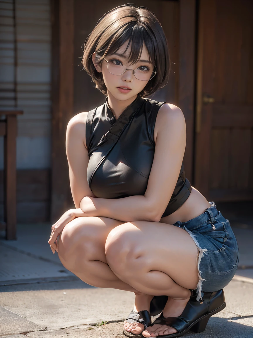 8k, RAW Photos, Highest quality, masterpiece, Realistic, Realistic, (1 Ultimate beauty), ((Cosplayer wearing a sleeveless shirt and wide pants)),(Strictly adhere to a composition where only one person appears in the photo)、(By the pool)(Wear rimless glasses)((Get into a squat position))Highly detailed face, (Perfect Teeth), fine grain, double eyelid, eyelash, Lip details, (((Black short bob hair), (((Very large breasts)))Big Breasts,(((Accentuate the crotch)))(((Accentuate the crotch)))((Sexy pose))Cowboy Shot,  Soft Light, ((Written boundary depth)) 
Proceed with caution，((,Japanese women)), (((moderately fleshy body, Tight waist))), (((Realistic))(((Front view)))