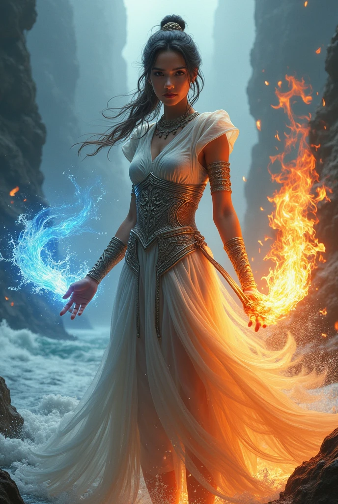 Diana War Goddess, dodging, hold axe-disc, perfect body Torso, mythical style, perfect model, perfect face, face detailed, body wrapped_blue_flames, one_hand hold love_rod, perfect style, translucent color, seductive, transparent , liquid flames, whirl wind, neon light, UHD, hair blow, long waist hair, surrealism, epic realism, uphold hands, fire_tornado background, dark night scene, dark moon, standing on the clouds, ultra detailed, mystical ethereal, ((tiger ethereal)) yellow smoke