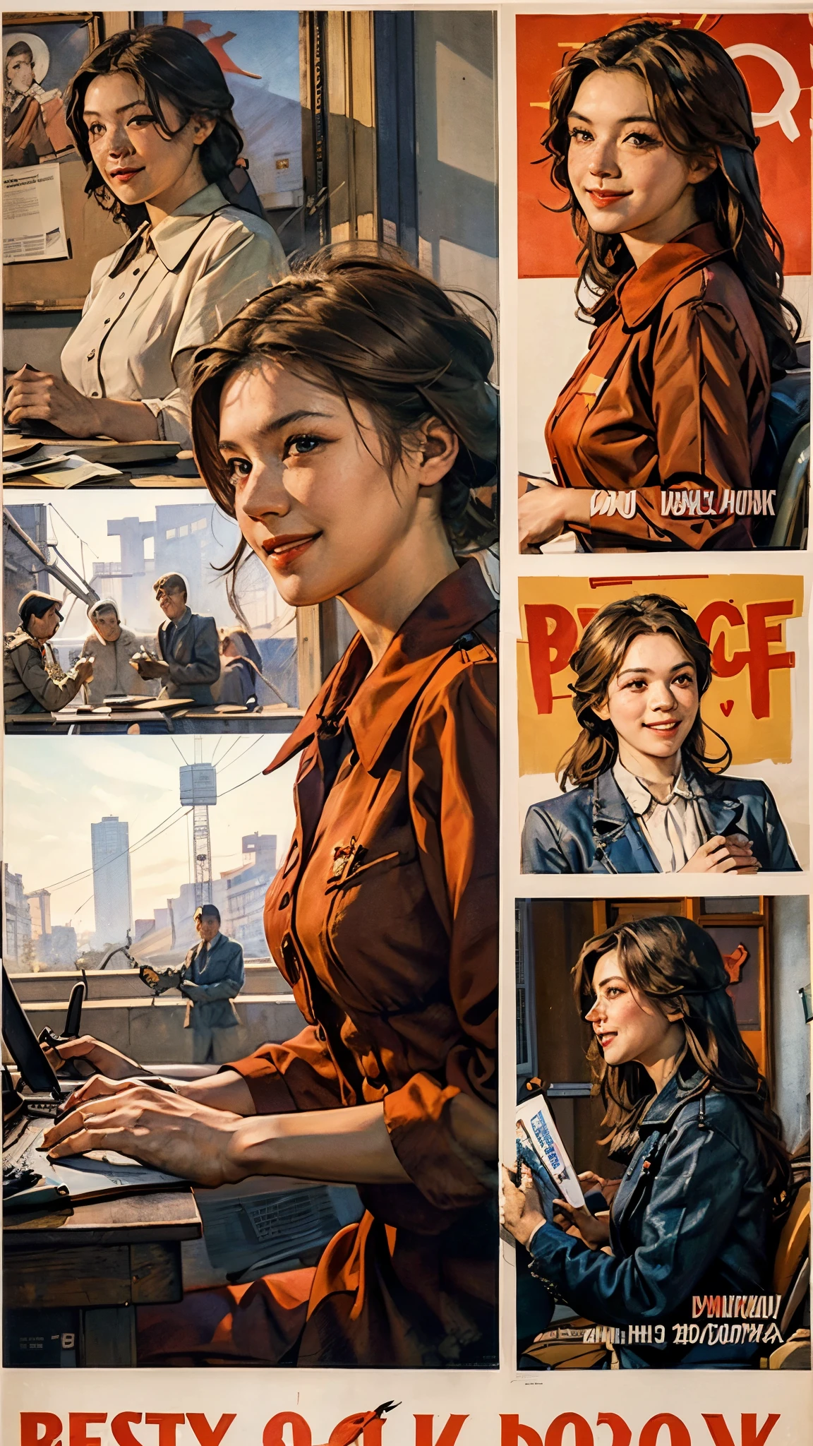 (best quality:1.2),poster分为上中下三部分， People holding up red book covers，Smile, Profile,Dynamic Angle， Soviet Union, poster,  8k，masterpiece，