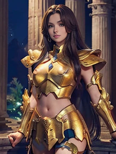 highest quality、Realistic style、long brown hair、golden shining armor、small breasts、Thigh exposure、Navel exposed、have a big spear、ancient ruins at night