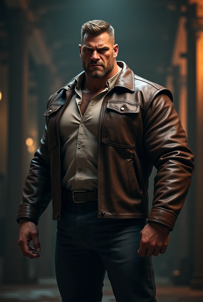 Photo of a giant muscular college jock, raw, Powerful man, ((Leather jacket: tight fit)), ((Detailed face: 1.2)), ((Defined jawline and chiseled featureuscular build: 1.8)), ((Biceps: bulging and veiny)), ((Detailed skin texture: convoluted)), ((Leather jacket texture: realistic and rough)), ((Environmennt: gym or outdoors)), ((Action: flexing biceps)), ((Perfectly proportions: 3D rendering)), ((Best Quality: 8K, Wallpaper, Cinematic lighting, Dramatic lighting, Sharpening filter, HDR)), ((Camera: