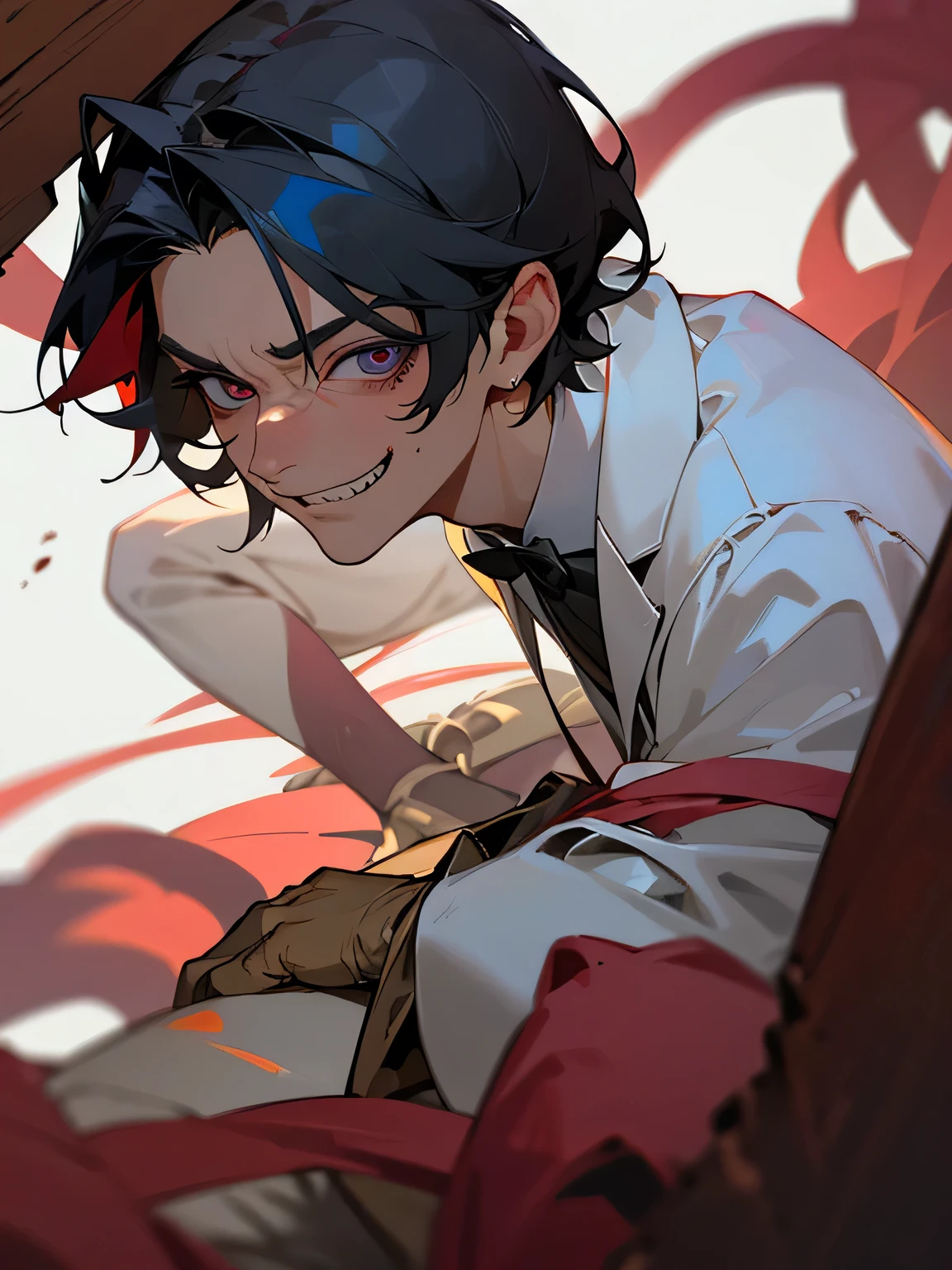 masterpiece, best quality,1boy,solo,male focus,solo boy,yaoi,vampire,blood,blood on the face,crazy eyes,short black hair,smile,