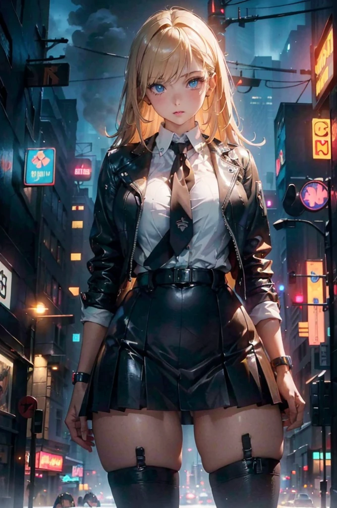 (masterpiece, best quality, ultra high resolution),1 girl, promote, dark brown skin, blue eyes, blonde hair, Big breasts, Thick thighs, Himekat, Black office jacket, White shirt, Black office skirt and black, Beautiful and detailed face, delicate eyes, Detailed nose, Cyberpunk city at night with fog and neon lights