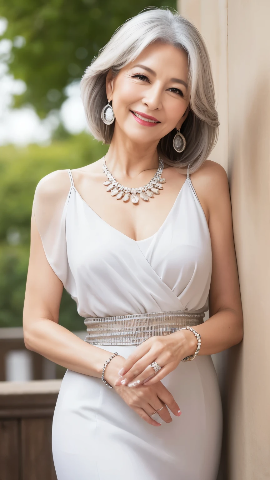 60 years old mother Mature Woman Lady Big earrings bracelet Silver Hair Realistic ゴージャスなマダム美しいMature Woman Sexy smile Gentle women's navel piercing 4hair High quality, skin-tight clothing, Body Invisible Bedroom Big Muscles Big Breasts、White Lingerie、whole body、Standing posture、Plump body、Clear cracks、Raised mound of