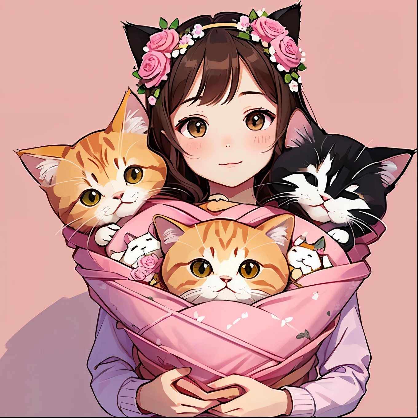 Illustration of adorable cat、Movmov、Front facing、multiple cute kitten、Packed in a flower wrap bouquet, cat bouquet, full of pink roses.