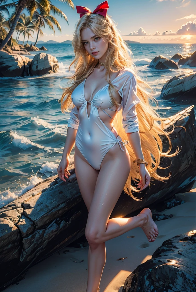 ((masterpiece, best quality, high resolution, super detailed),(beautiful and aesthetic: 1,2), 1 incredibly beautiful young femme fatale-blonde, adult, perfect body, long golden hair, blue eyes, hair gathered with a hairpin with a red bow, Detailed eyes and face, long white wet oversize shirt, black and gold swimsuit, bikini, golden hour, beach, sea, sand, Palm tree, complex body parts, the whole body, beach slippers.