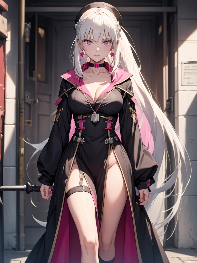 (​masterpiece、top-quality、hight resolution、Unity 8k、extremely details CG:1,Best Picture), morgan le fay(fate), (Silver Hair, Long ponytail), a "Prostitute punishment" convict, standing in a restricted area, performing a public service task. She wears a shiny, fluorescent pink coat that covers most of her body, making her highly visible from a distance. around her neck, she wears a red choker with a small identification card attached, and large, pink star-shaped earrings dangle from both ears, which are comically oversized to ensure she is easily identifiable. Her expression is solemn and obedient, reflecting the seriousness of her situation. The background should clearly show that she is in an area where minors are prohibited, with signs or barriers indicating the restricted nature of the location. The convict is positioned in a stance of attention, as if prepared for inspection or awaiting further orders from an unseen authority figure. ((Red choker with identification card, Large pink star-shaped earrings))