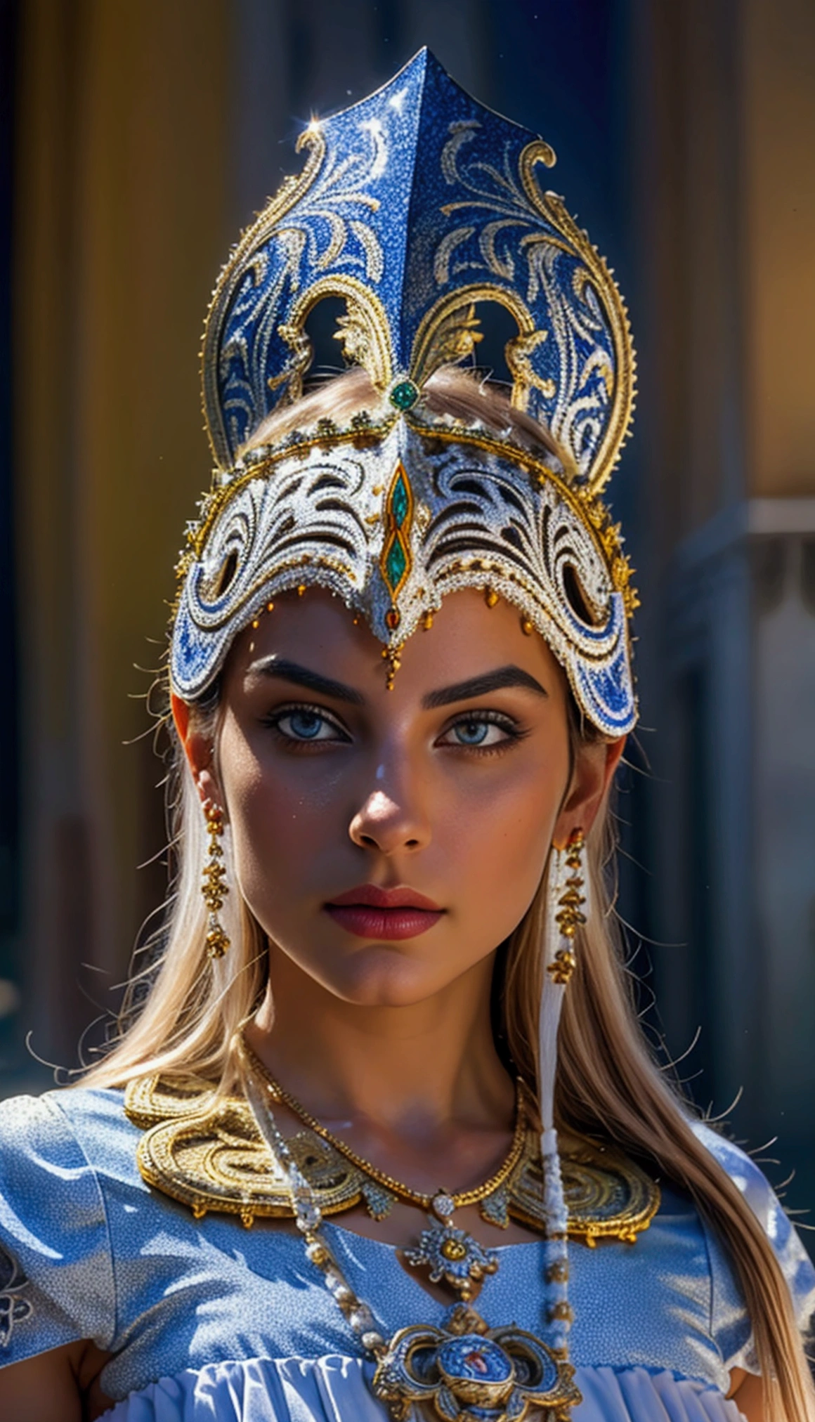 venice carnival ceramic mask, intricate details on mask, glossy white ceramic surface, intricate decorations, leaning against a stand, realistic, HDR,UHD,studio lighting,ultra-fine painting,sharp focus,physically-based rendering,extreme detail description,professional,vivid colors,bokeh,fantasy art