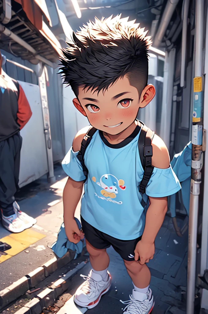 (Shota:1.5),(((Highest quality))),(((masterpiece))),(((Very detailed))),(((High resolution))),One person,Short sleeveTshirt,Short shorts,White socks,Blue sneakers,Cheerful boy,Japanese,Buzz Cut,(((Spiked Hair))),Black Hair,(Point pupils),Skinny body,Baby Face,smile
