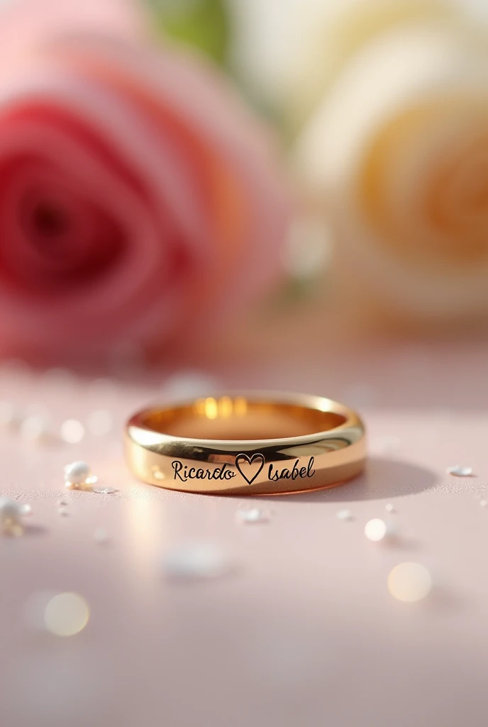 Ricardo and Isabel written in a heart on a wedding ring