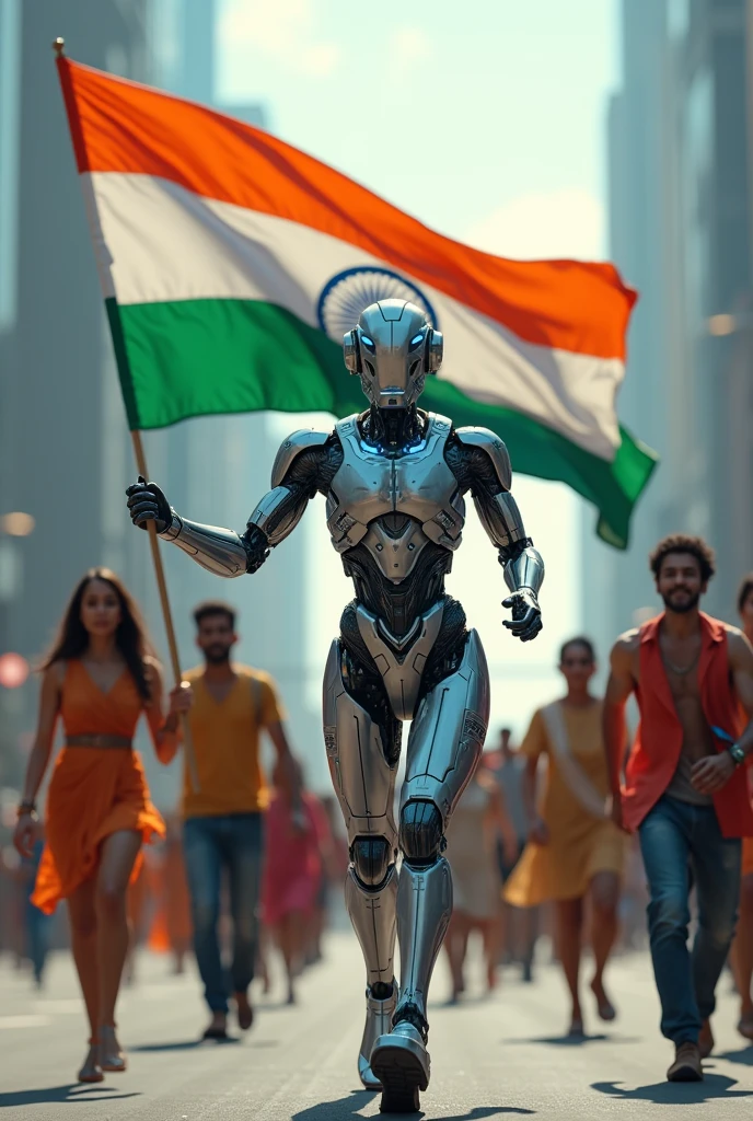 Robots and children holding Indian flags on independence day celebrating the day and the background should be in Indian theme