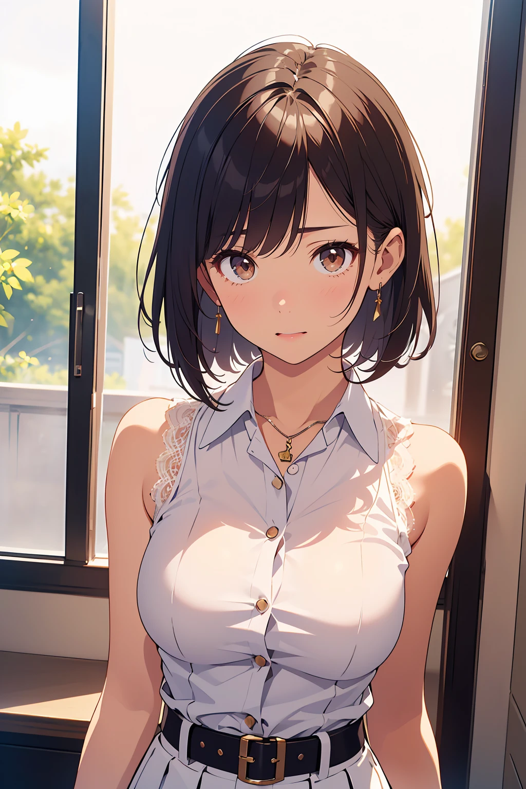 (masterpiece:1.6),(Highest quality 1.6), (Ultra High Resolution 1.2),(Black Hair:1), ( Black Hair:1),(Upward-facing chest, Beautiful big boobs:1.3), (Cleavage), (beautiful girl:1.4),girl,(Bob Hair:1.2),(enjoy:1.6), (Happy:1.3),(Gushing out:1.4), close your eyes, (Squint your eyes:1.4), ((blush)), Plain, White blouse, (silk, Open blouse), (Upper Body Shot:1.3),Side Shot,Realistic Background,School, Classroom window background, Blue sky outside the window, Veranda of the apartment, a#h@