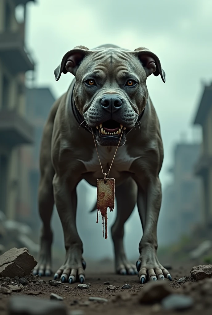 A pit bull dog,with a serious look,A fierce expression,with a bleeding mouth,in a hellish environment