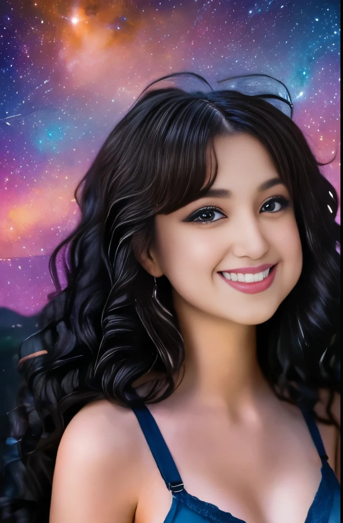 High detail, super detail, super high resolution, girl enjoying her time in the dream galaxy, surrounded by stars, warm light sprinkled on her, background is starry sky with colorful galaxies and galaxy clouds, stars flying around her, delicate face, adding playful atmosphere ,