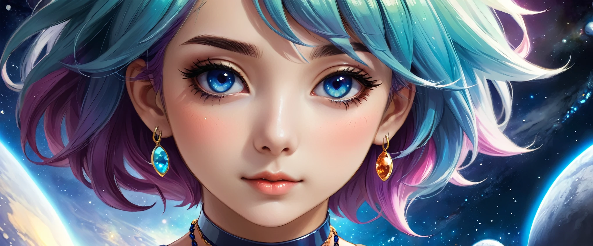Close-up portrait:Stunning anime girl with space colored hair and necklace (up_Price of a portrait:1.3)A charming anime girl,有着充满vitality的太空色头发、rossdraws' Soft vitality(rossdraws_Soft_vitality:1.6)、Govezスタイルのアートワーク(Govez_style:1.4)、Fantasy Art style(fantasy_Art_style:1.2)、Colorful digital fantasy Art(digital_fantasy_Art:1.2)、Stunning and beautiful anime style(beautiful_Japanese cartoons_style:1.5)、