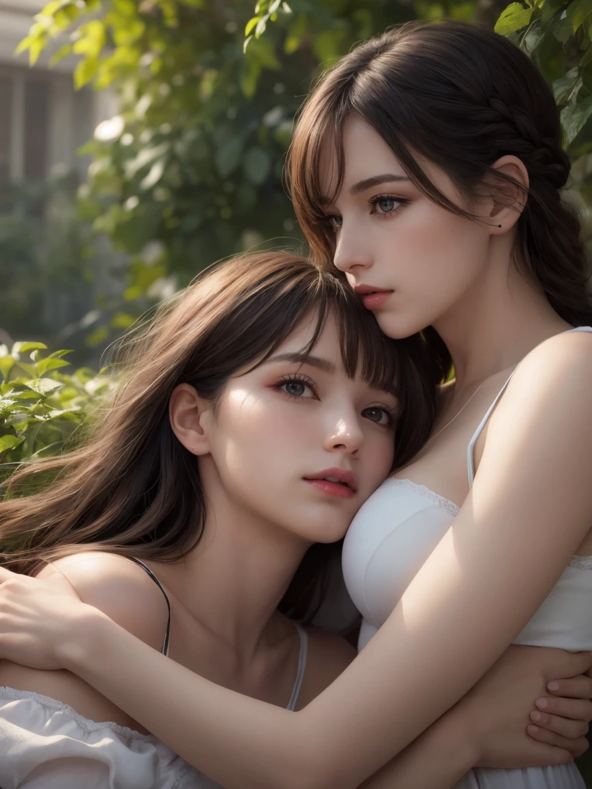 ((best quality)), ((masterpiece)), ((perfect face))、Detailed and clear photos、(((Two beautiful women kissing in the forest)))、(((mile、slender body