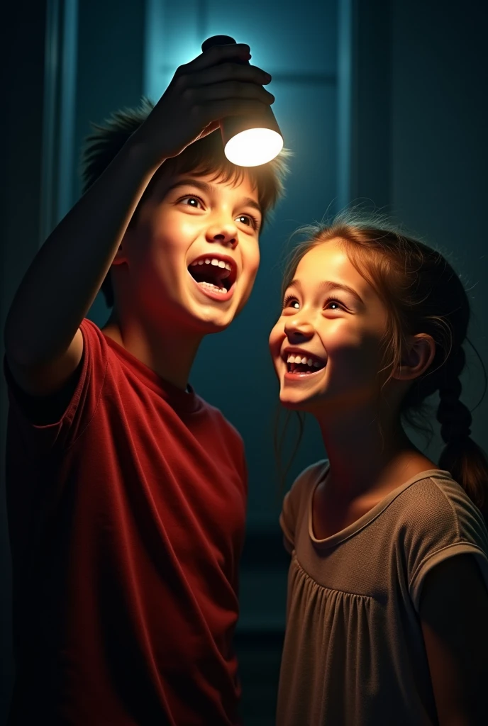 Image Prompt: Close-up of the boy and girl tapping on a bell icon with excitement
