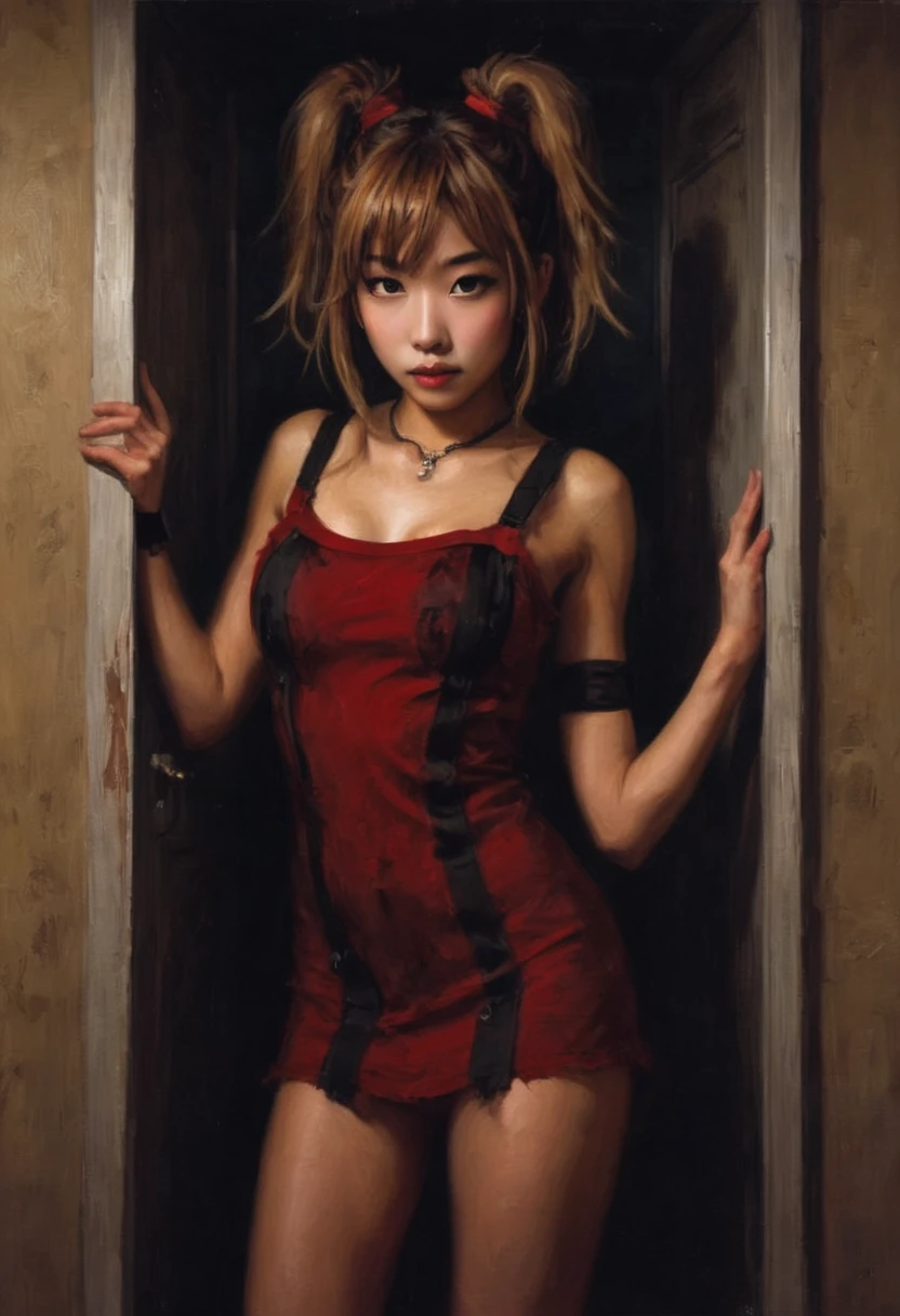 cute Yuba, is portraying Freddy Kreuger of Nightmare on elm Street fame (Freddy's head and face, sexy Yuna body dressed like a prostitute, her fingers have long razor sharp blades, entering through a lit doorway into viewers dark bedroom