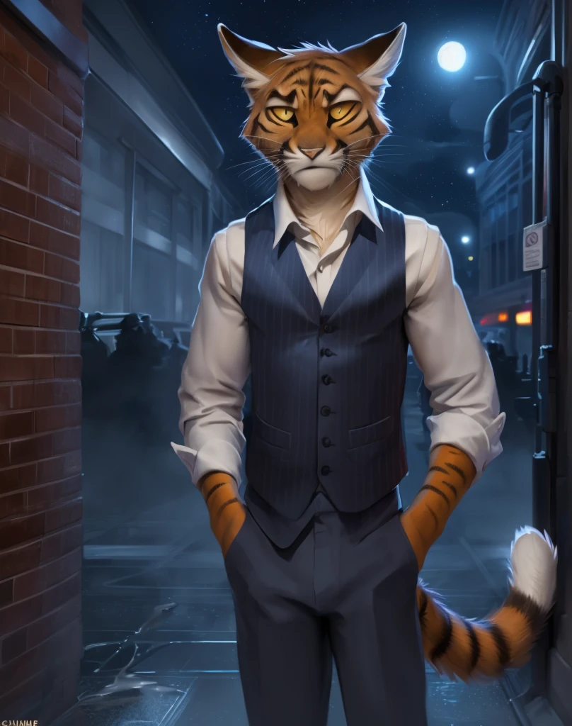 anthro, (1boy), perfect eyes, male focus, zib, (shan):1.4, frown, anthro, furry, cat, cat boy, (detailed clear face), (neck tuft), fluffy:1.3, cat tail, clear yellow eyes, ((colored sclera)), (black pupils), ((serious, look away)), (orange body, white fur, stripes),detailed background, streets, brick wall, street lights, (((night))), ((unbuttoned red vest, shirt, pants, hands in pockets, messy, scruggly)), wide angle view, standing,male focus, male, (front view:1.3), drunk, anthro, slim male, athletic male, hi res, 8k hd, extreme detail, detailed background, ((musk cloud)), masterpiece, by Pino Daeni, by chunie, by einshelm, solo, detailed background, upper body, ((skinny)), cropped, (((upper body))), headshoot,
 