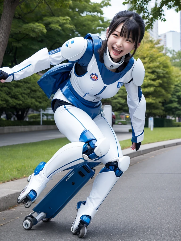 Japanese female android,Black Hair,White and blue robot suit,Plump,Running along the park path,smile